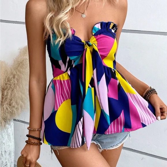 Boho Abstract  Striped Geo Print Frill Knot Front Strapless Top Blouse Shirt - Picture 11 of 12